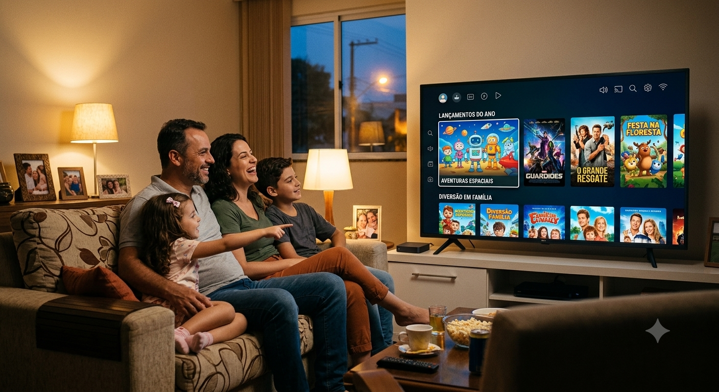 Família assistindo Play OK Digital na Smart TV